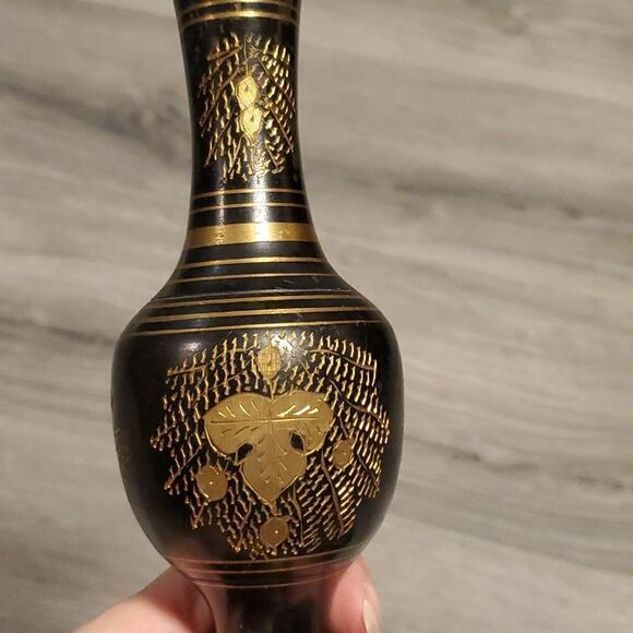 Vintage 60's Black Metal w/Brass Details Vase - Picture 5 of 7